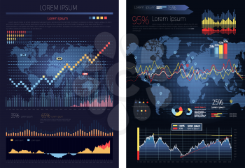 Graphic chart with map of the world on the background. Global infographics map and diagrams. Infographic elements, icons, global pie chart, world business map visualization, data. Vector illustration