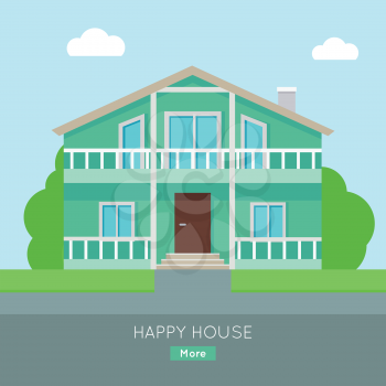 Happy house with terrace banner poster template. Exterior home icon symbol. Residential cottage in green colors. Part of series of modern buildings in flat design style. Real estate concept. Vector