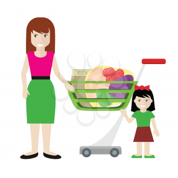 Customer male character vector illustration in flat style design. Smiling woman with girl standing near shopping cart full of products. Fast and comfortable purchases concept. Isolated on white.