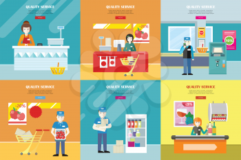 Set of quality service vector banners. Flat design. Cashier seating under counter desk, worker in uniform, security in supermarket interior illustrations for retail store ad, web pages design. 