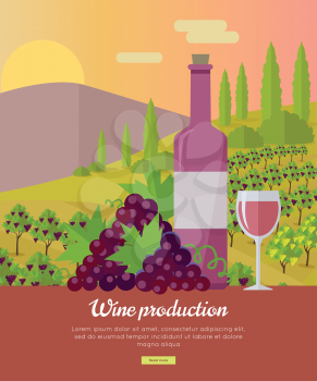 Wine production banner. Bottle of wine, beaker, vineyard, wooden barrel, with grape valley on background. Creative advertisement poster for rose wine. Part of series of viniculture preparation. Vector