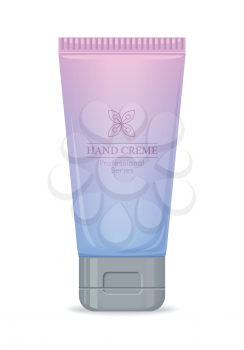 Hand cream professional series bottle isolated. Cosmetic product flasks with logo or symbol on the nameplate. Reservoir with label. Part of series of decorative cosmetics items. Vector illustration