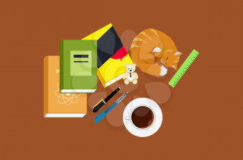 Workspace for education. Cat book and coffee. Education icon, school learning, education concept, book for education, workspace or workplace for education, notebook and cup of coffee illustration