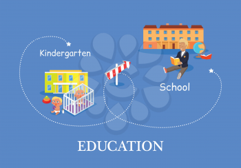 Education process from kindergarten to school. Two children with nipple play on the floor on the background of kindergarten. Schoolboy with book on the background of school building. Education concept