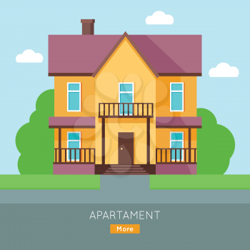 Apartment vector web banner in flat style. Buying a new place for living. Cottage house with bushes and grass illustration for real estate company web page design, advertising, housing concepts.