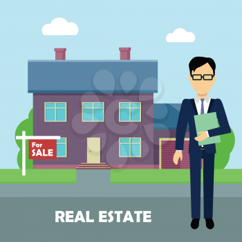 Real estate conceptual vector in flat design. Realtor with documents standing near house on sale. Buying a new place for living. Illustration for real estate company advertising, housing concepts.