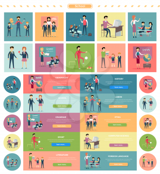 Set of school education. Illustrations for different school subject with related elements. Elementary school, learning, school knowledge. Teachers and pupils in different situations. Website template