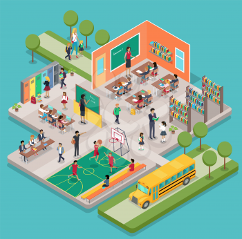 Isometric school interior with 3d indoors objects and people figures. Teacher near blackboard in classroom. Learning process in classroom, gym class, pupils in the library, school bus.