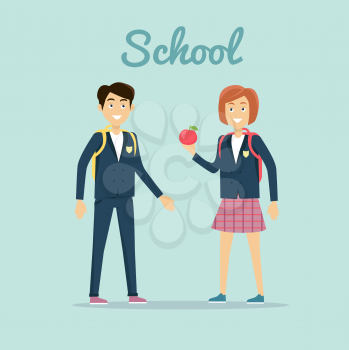 School concept vector. Flat design. Smiling pupils boy and girl with backpacks and apple standing on blue background. Lunch on break. Picture for child learning years, students friendship illustrating