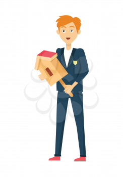 Schoolboy in blue jacket and pants. Smiling boy in school uniform with nesting box. Stand in front. Schoolboy isolated character. School personage. Vector illustration.