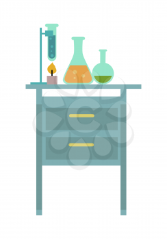Chemical laboratory. Workplace. Lab glassware kit on table, chemical tools. Table with chemical reagents. Lab worker table chemical research process. Isolated vector illustration on white background.
