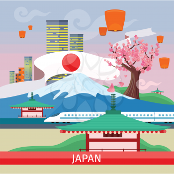 Japan travelling banner. Landscape with traditional Japanese landmarks. Skyscrapers and private buildings. Nature and architecture. Part of series of travelling around the world. Vector illustration
