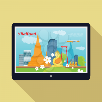 Thailand travelling banner on tablet screen. Landscape with Thai landmarks. Skyscrapers and private buildings. Nature and architecture. Part of series of travelling around world. Vector illustration
