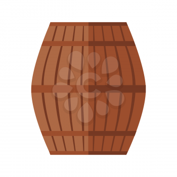 Wooden barrel for wine with steel ring. Wooden barrel icon. Brown wooden oak barrel. Barrel icon. Isolated object in flat design on white background. Vector illustration.