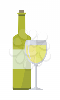 Bottle of white wine and glass isolated on white. Check elite vintage light wine. Winemaking concept. Vine icon or symbol. Part of series of viniculture production and preparation items. Vector
