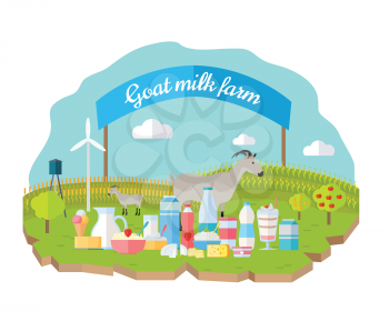 Goat milk farm concept vector flat design. Organic farming, traditional products. Set of dairy products in different glass, plastic, paper packing, animals, wind turbine, field, garden, banner behind