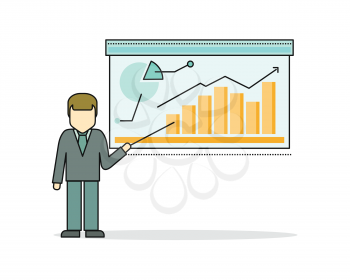 Businessman in business suit making a presentation near whiteboard with infographics. Shows business graphs. Business seminar. Business consulting, business strategy concept.