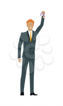 Successful man banner. Professional growth. Man wins gold medal. Achieves best results due to constant learning. Business training. Successful motivational management. Vector illustration