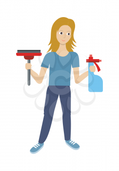 Cleaning service conceptual vector web banner. Flat style. Smiling woman with sprayer and wiper. Illustration with play button for housekeeping online services, sites, video, corporate animation