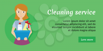 Cleaning service. Female member of the cleaning service staff with basin with glass cleaner and substance for washing. Worker of cleaning company. Successful housekeeping company banner. Vector