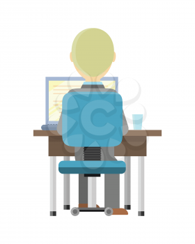 Blond man sitting at a desk and working on the computer, back view. Workplace, make money online, e-business, e-learning, concept. Man busy working on laptop computer. Vector illustration in flat.