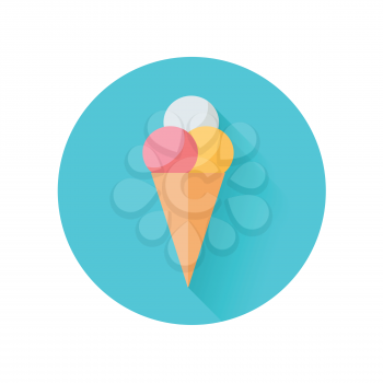 Waffle cone with three colors ice cream balls. Vector in flat design. Refreshing cold dessert. Summer sweets. Illustration for food concepts, diet infographic, icons or web design. On white background