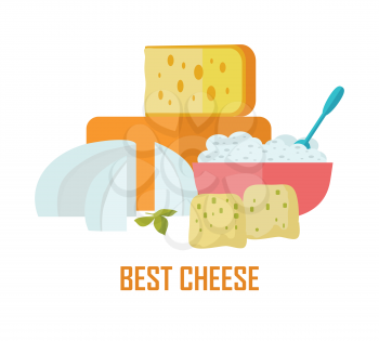 Best cheese banner. Different varieties of cheese pieces on white background. Natural farm food. Dairy product. Retail store poster. Vector illustration in flat style. Dairy website template.