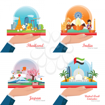 Time to Travel. Welcome to Japan, Thailand, India, United Arab Emirates. Set of traveling advertisement banners on the outstretched hand. Landmarks of the well known asian places of interest. Vector