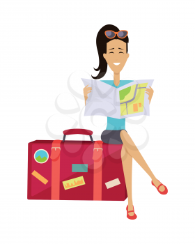 Summer vacation concept. Traveling with baggage illustration. Flat style design. Smiling brunette woman seating on suitcase and looking in road map. Isolated on white background.