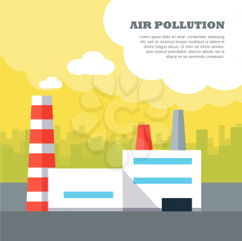 Air pollution concept vector banner. Flat design. City landscape with plant polluting air emissions. Urban smog. Human impact on the environment. Illustration for web design and infographics. 