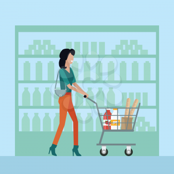 Woman with shopping cart in supermarket. Woman in brown pants. Woman shopping, supermarket shopping, marketing people, market shop interior, customer in mall, retail store illustration in flat