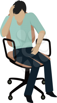 Man in light blue shirt and blue pants sitting on office armchair. Young businessman sitting on chair. Man pensive and worried. Isolated object in flat design on white background. Vector illustration