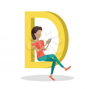 D letter and girl sitting and watching movie on tablet. Social network. Alphabet with cartoon pictures of people using modern computer technologies for communication. Flat design. ABC vector