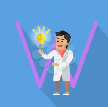 Science alphabet vector concept. Flat style. ABC element. Scientist man in white gown standing with electric bulb in hand, letter W behind. Educational glossary. On blue background with shadow  