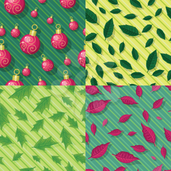 Set of seamless patterns with falling red, green leaves and christmas tree toys on striped background. Flat style vector. For gift wrapping, greeting cards, invitations, printing materials design