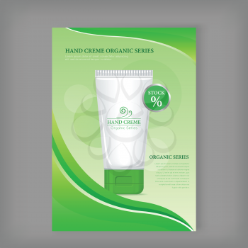 Hand cream organic series. Plastic tube for cosmetics on green background. Product for body and skin care, beauty, health, freshness, youth, hygiene. Realistic vector illustration.