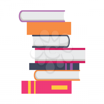 Stack of seven books in flat. Book pile icon. Book concept. Business education concept. Set of multicolored books. Isolated vector illustration on white background.
