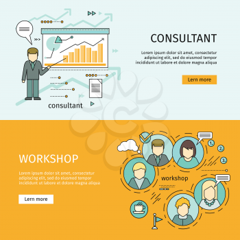 Consultant and workshop vector web banners. Flat style. Self development. Expert information support. Illustration for educational, consulting companies, career courses advertising, web page design