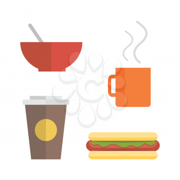 Office lunch set. Red plate, brown paper cup with coffee, hot dog, orange cup of hot drink. Food elements in flat style on white background. Fast food. Time break.