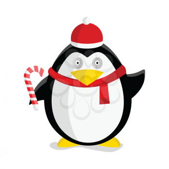 Christmas penguin vector illustration. Flat design. Funny penguin in Santa hat, scarf and with candy cartoon. Winter holidays celebrating. For children s books, greeting cards illustrating. On white