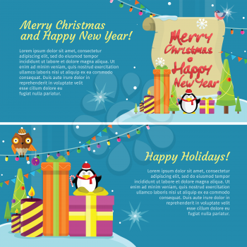 Set of happy holidays Merry Christmas and Happy New Year web banners. Poster with owl on garland, snowflakes, present gift boxes and xmas tree, penguin. Add congratulation text. Greeting card. Vector