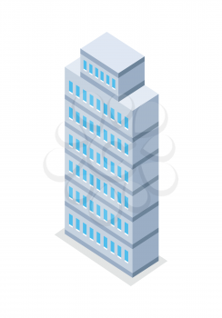 Skyscraper vector illustration in isometric projection. High building picture for estate, architectural concepts, web, app, icons, infographics, logotype design. Isolated on white background.  