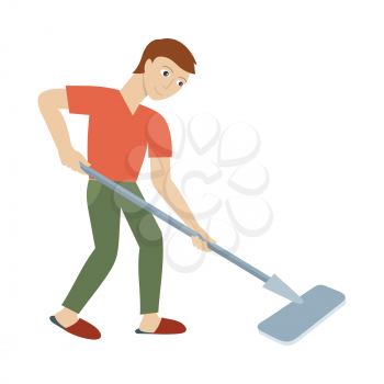 Cleaning service concept vector. Flat style design. Smiling man character washing floor mop. Small private business. Illustration for housekeeping companies and services advertising