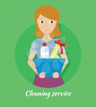 Cleaning service. Female member of the cleaning service staff with basin with glass cleaner and substance for washing. Worker of cleaning company. Successful housekeeping company banner. Vector