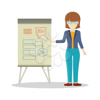 Business woman with brown hair making a presentation in front of whiteboard with infographics. Development of algorithm steps. Smiling young woman personage in flat isolated on white background.