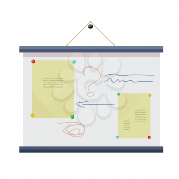 Whiteboard on the wall with information. Board at a presentation with information, scheme and list. On whiteboard show financial and analytical information. Isolated object in flat design