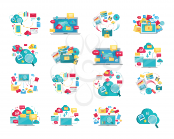 Set of concept flat design illustrations for data storage, cloud computing, provision, recovery, exchange, protection services. Colored web icons, business stuff, computer parts, infographic elements.