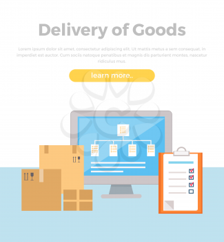 Delivery of goods concept web banner. Flat style. Logistic concept with cardboard boxes, program interface on screen, tablet. Illustration for delivery, retail companies and services web pages design.