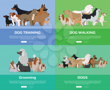 Dog walking, training, grooming banners set. Group of different breeds dogs stand on color background. Dogs banner with space for text. Dogs professional services. Cartoon dog character, pet animal.