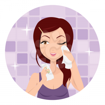 Moisturisation. Girl applying wet wipes which allows skin to breathe and gives fresh. Woman instruction how to make up correctly. Girl cares about her look. Part of series of ladies face care. Vector